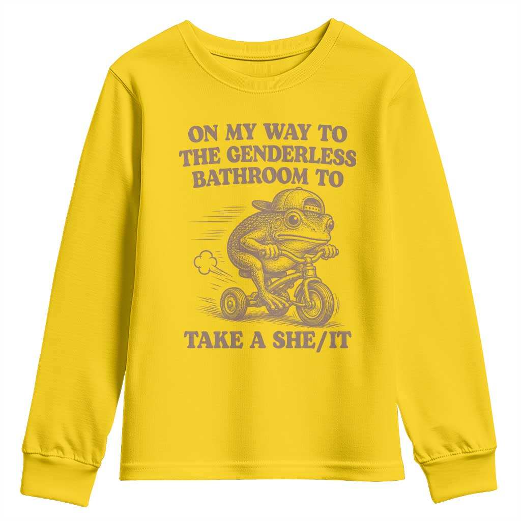 On My Way To The Genderless Bathroom To Take a She/It Youth Sweatshirt Funny Frog Graphic