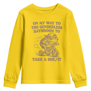 On My Way To The Genderless Bathroom To Take a She/It Youth Sweatshirt Funny Frog Graphic