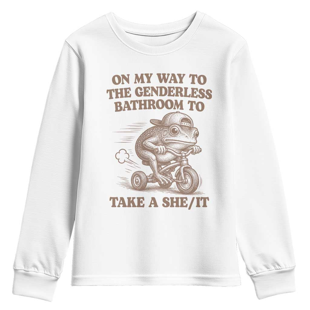 On My Way To The Genderless Bathroom To Take a She/It Youth Sweatshirt Funny Frog Graphic TS10 White Print Your Wear
