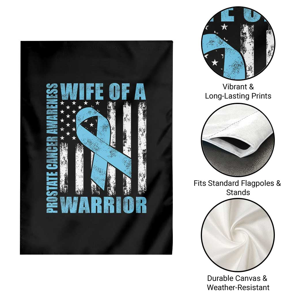 Wife Of A Warrior Prostate Cancer Awareness Garden Flag American Flag Blue Ribbon Graphic