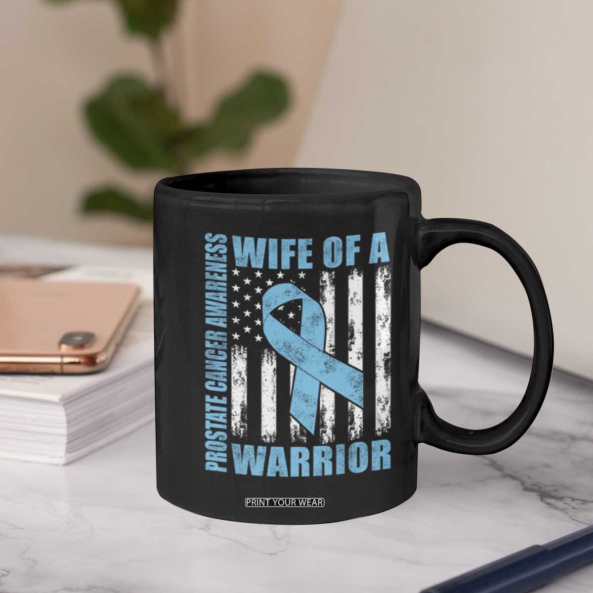 Wife Of A Warrior Prostate Cancer Awareness Coffee Mug American Flag Blue Ribbon Graphic