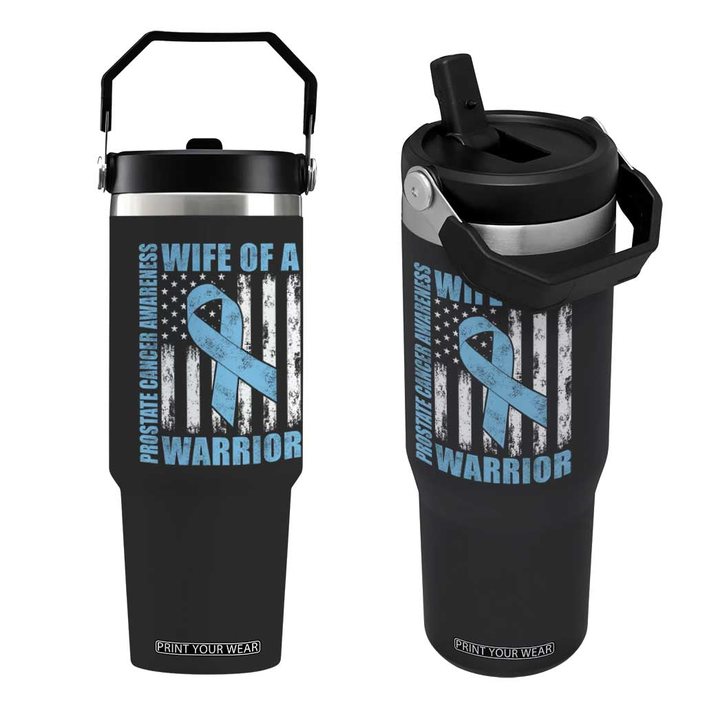 Wife Of A Warrior Prostate Cancer Awareness Flip Straw Tumbler American Flag Blue Ribbon Graphic