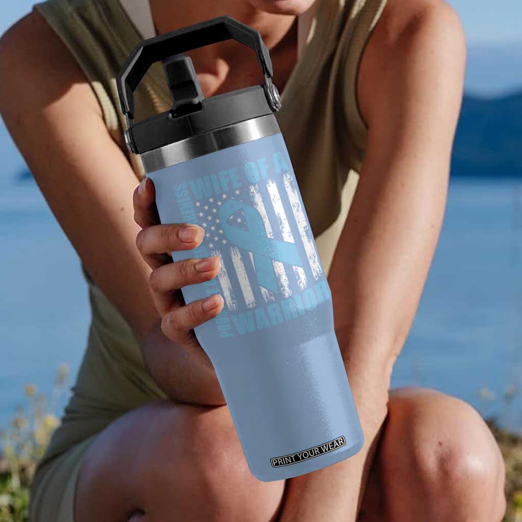 Wife Of A Warrior Prostate Cancer Awareness Flip Straw Tumbler American Flag Blue Ribbon Graphic
