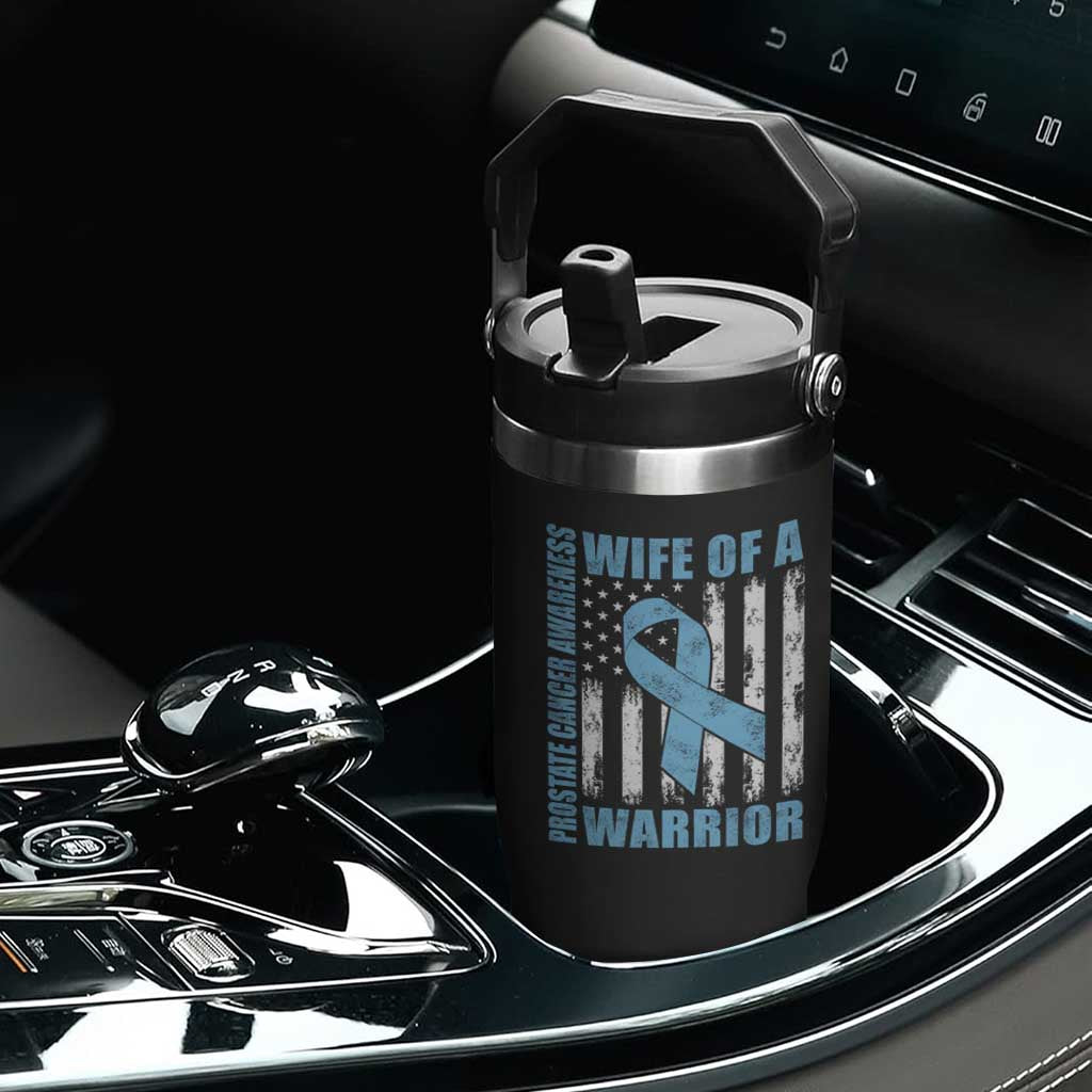 Wife Of A Warrior Prostate Cancer Awareness Flip Straw Tumbler American Flag Blue Ribbon Graphic