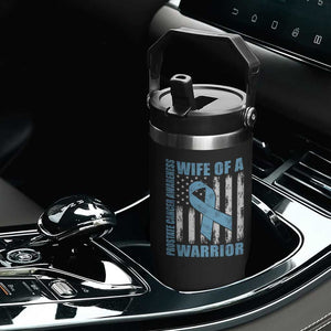 Wife Of A Warrior Prostate Cancer Awareness Flip Straw Tumbler American Flag Blue Ribbon Graphic