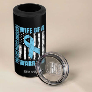 Wife Of A Warrior Prostate Cancer Awareness 4 in 1 Can Cooler Tumbler American Flag Blue Ribbon Graphic