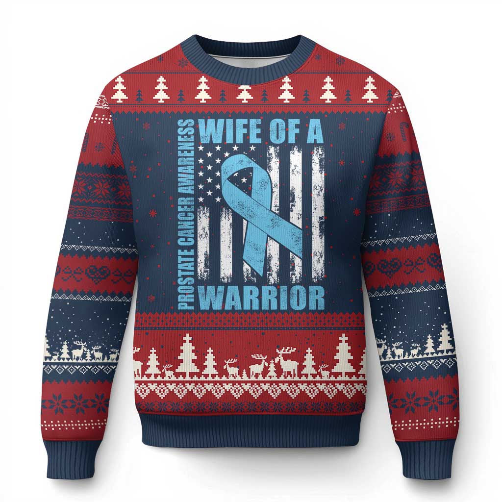 Wife Of A Warrior Prostate Cancer Awareness Ugly Christmas Sweater American Flag Blue Ribbon Graphic TS10 Navy Red Print Your Wear