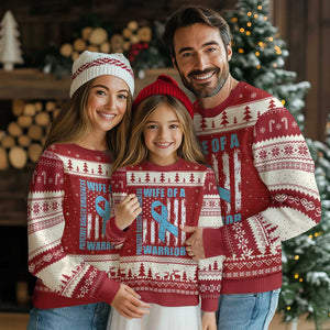 Wife Of A Warrior Prostate Cancer Awareness Ugly Christmas Sweater American Flag Blue Ribbon Graphic