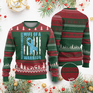 Wife Of A Warrior Prostate Cancer Awareness Ugly Christmas Sweater American Flag Blue Ribbon Graphic