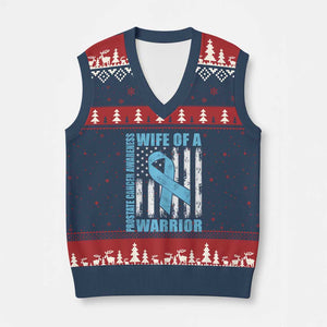 Wife Of A Warrior Prostate Cancer Awareness V-Neck Knit Sweater Vest American Flag Blue Ribbon Graphic