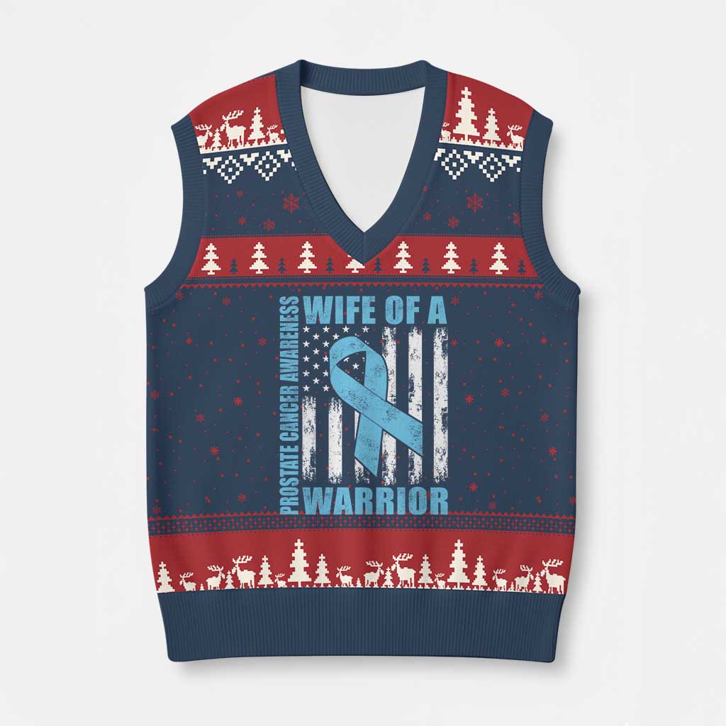 Wife Of A Warrior Prostate Cancer Awareness V-Neck Knit Sweater Vest American Flag Blue Ribbon Graphic TS10 Navy Red Print Your Wear