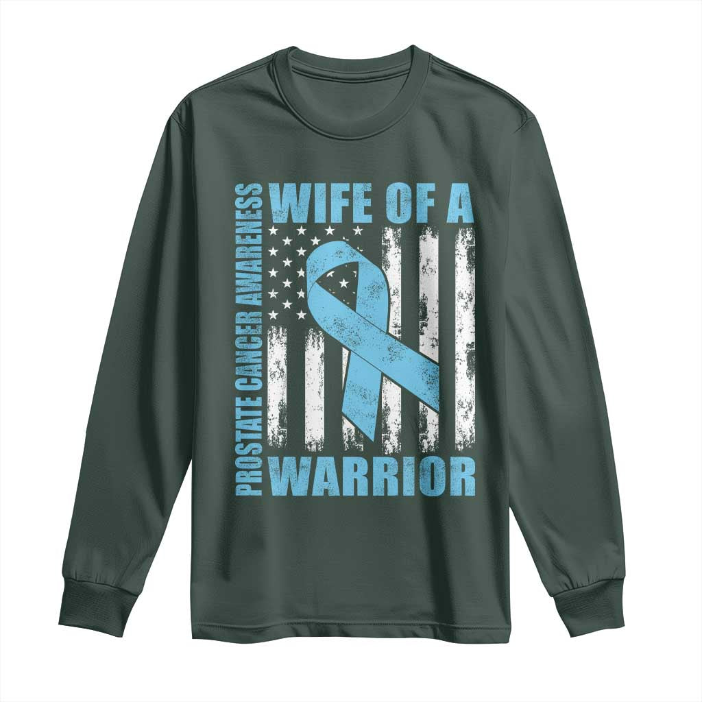 Wife Of A Warrior Prostate Cancer Awareness Long Sleeve Shirt American Flag Blue Ribbon Graphic