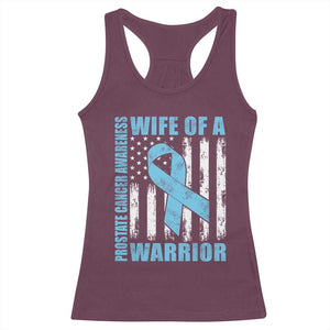 Wife Of A Warrior Prostate Cancer Awareness Racerback Tank Top American Flag Blue Ribbon Graphic