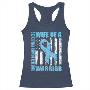 Wife Of A Warrior Prostate Cancer Awareness Racerback Tank Top American Flag Blue Ribbon Graphic