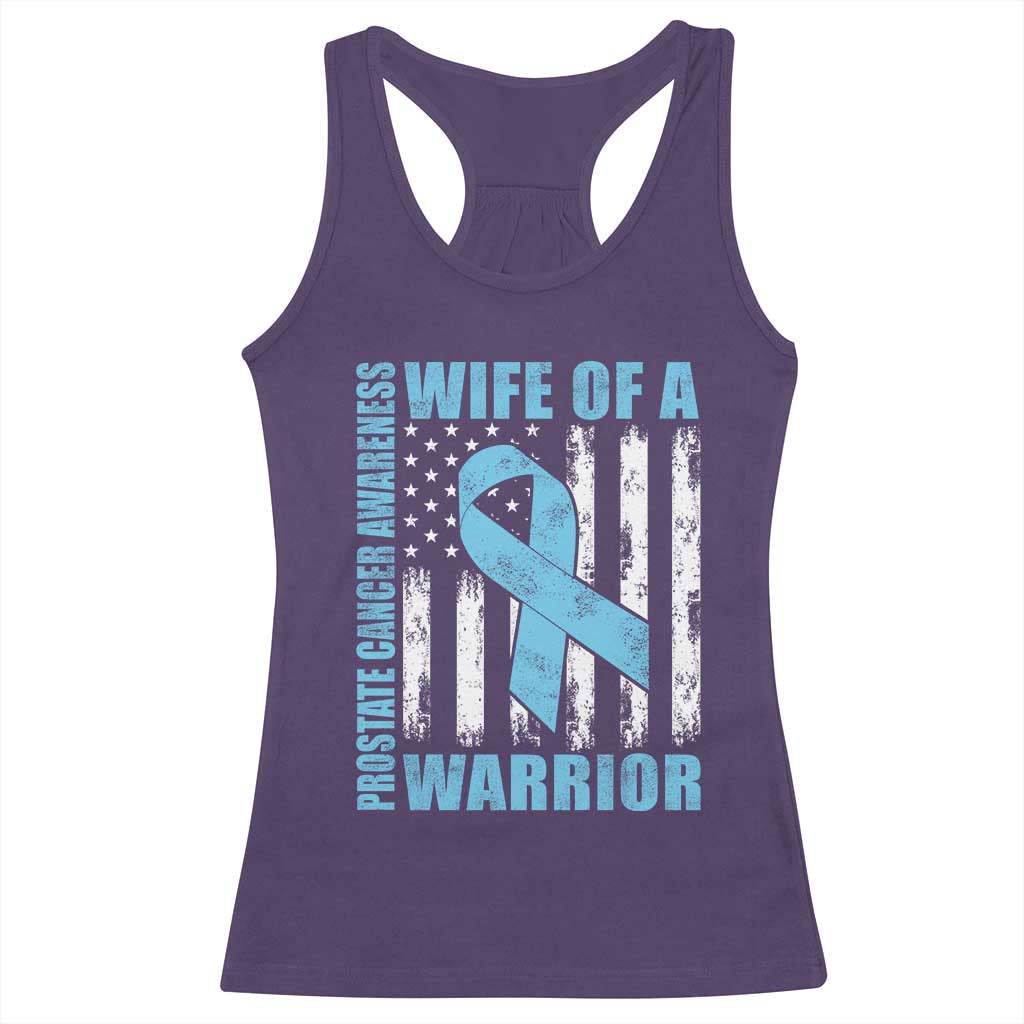 Wife Of A Warrior Prostate Cancer Awareness Racerback Tank Top American Flag Blue Ribbon Graphic