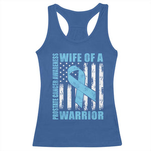 Wife Of A Warrior Prostate Cancer Awareness Racerback Tank Top American Flag Blue Ribbon Graphic