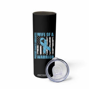 Wife Of A Warrior Prostate Cancer Awareness Skinny Tumbler American Flag Blue Ribbon Graphic