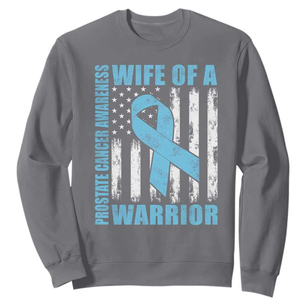 Wife Of A Warrior Prostate Cancer Awareness Sweatshirt American Flag Blue Ribbon Graphic