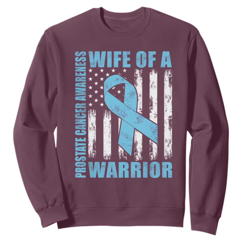 Wife Of A Warrior Prostate Cancer Awareness Sweatshirt American Flag Blue Ribbon Graphic