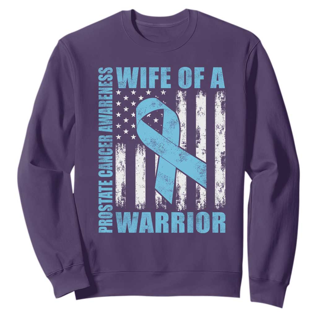 Wife Of A Warrior Prostate Cancer Awareness Sweatshirt American Flag Blue Ribbon Graphic