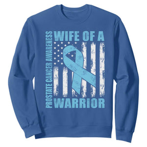 Wife Of A Warrior Prostate Cancer Awareness Sweatshirt American Flag Blue Ribbon Graphic