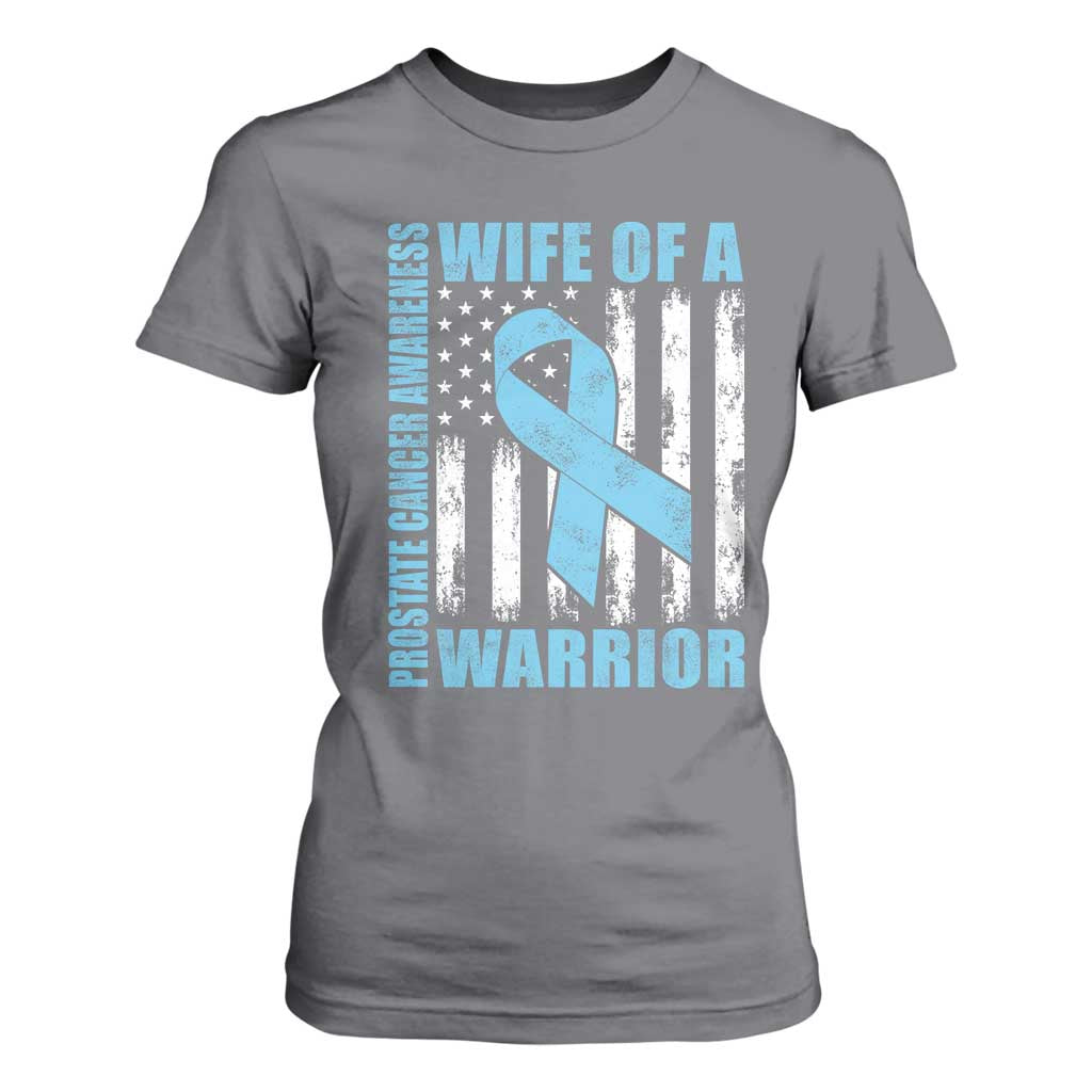 Wife Of A Warrior Prostate Cancer Awareness T Shirt For Women American Flag Blue Ribbon Graphic