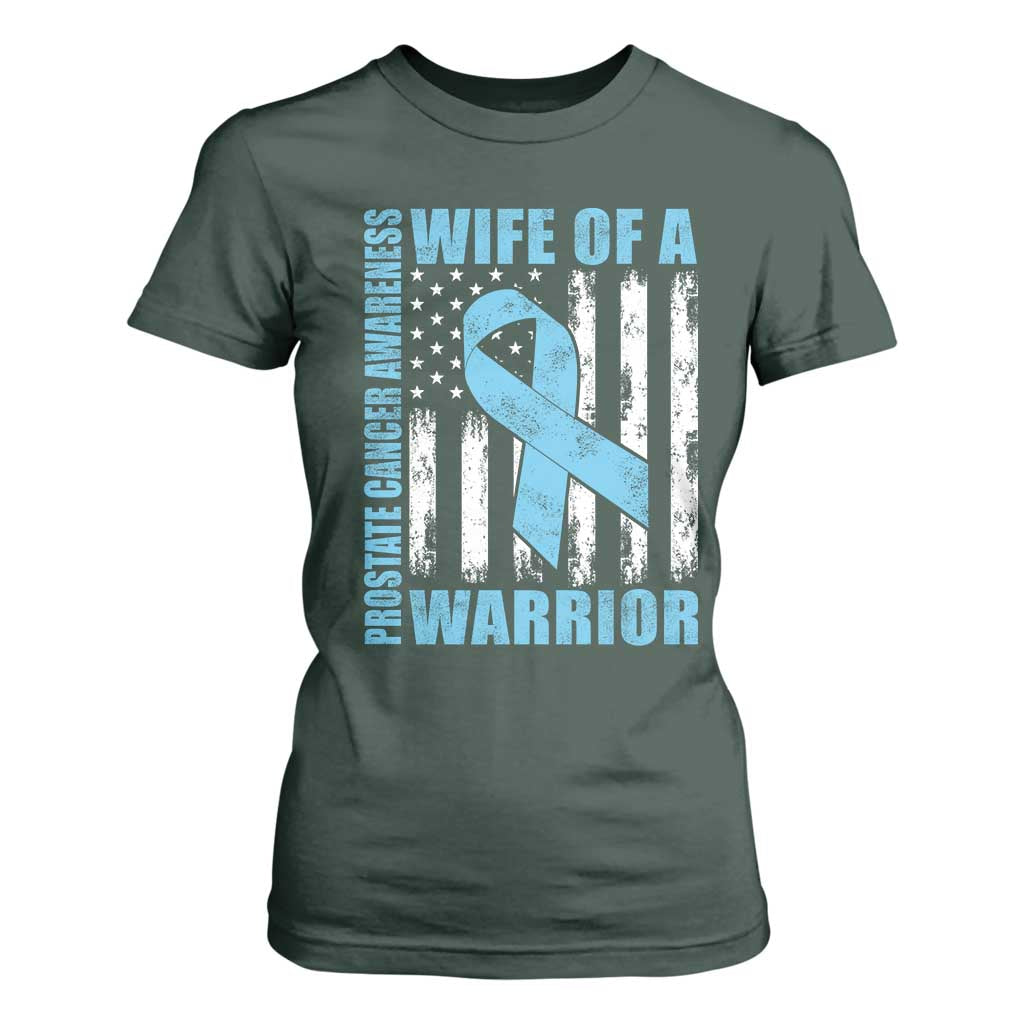 Wife Of A Warrior Prostate Cancer Awareness T Shirt For Women American Flag Blue Ribbon Graphic