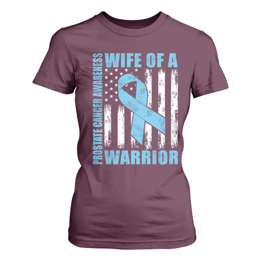 Wife Of A Warrior Prostate Cancer Awareness T Shirt For Women American Flag Blue Ribbon Graphic