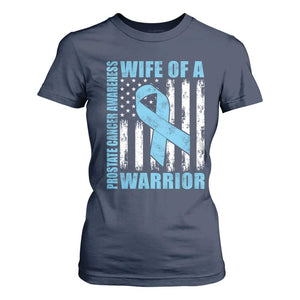 Wife Of A Warrior Prostate Cancer Awareness T Shirt For Women American Flag Blue Ribbon Graphic