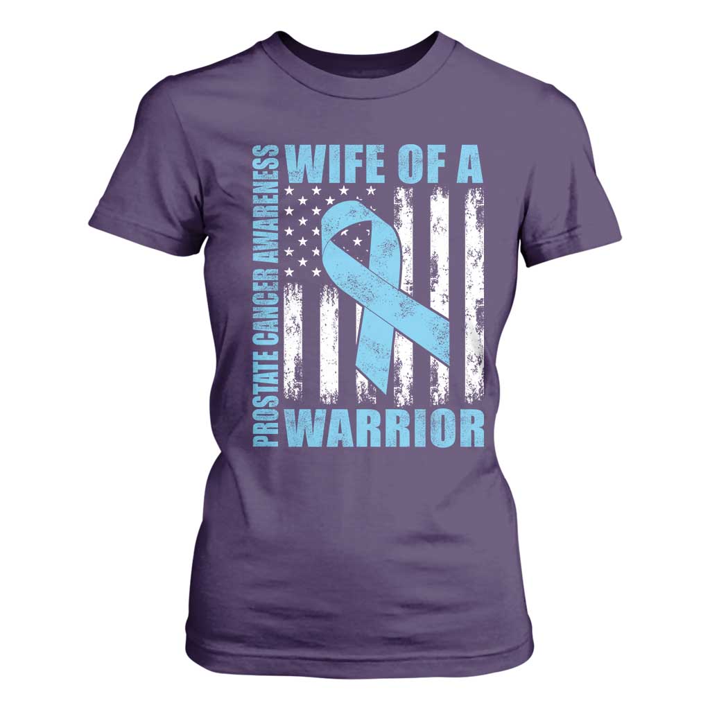 Wife Of A Warrior Prostate Cancer Awareness T Shirt For Women American Flag Blue Ribbon Graphic