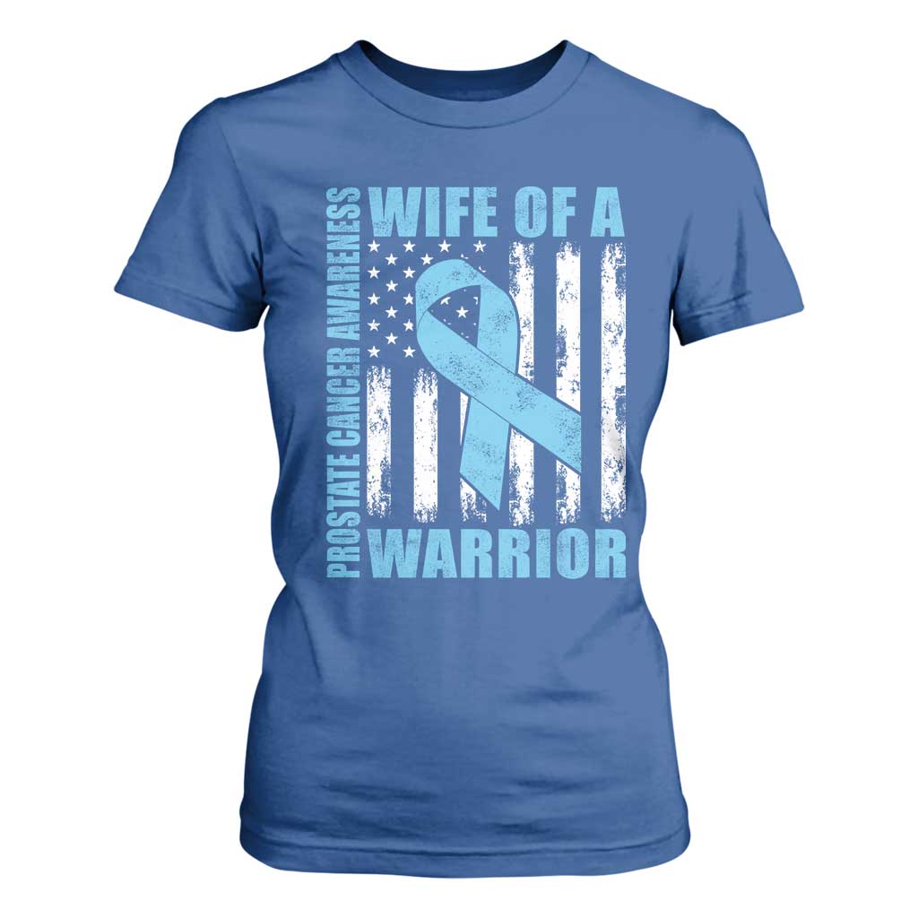 Wife Of A Warrior Prostate Cancer Awareness T Shirt For Women American Flag Blue Ribbon Graphic