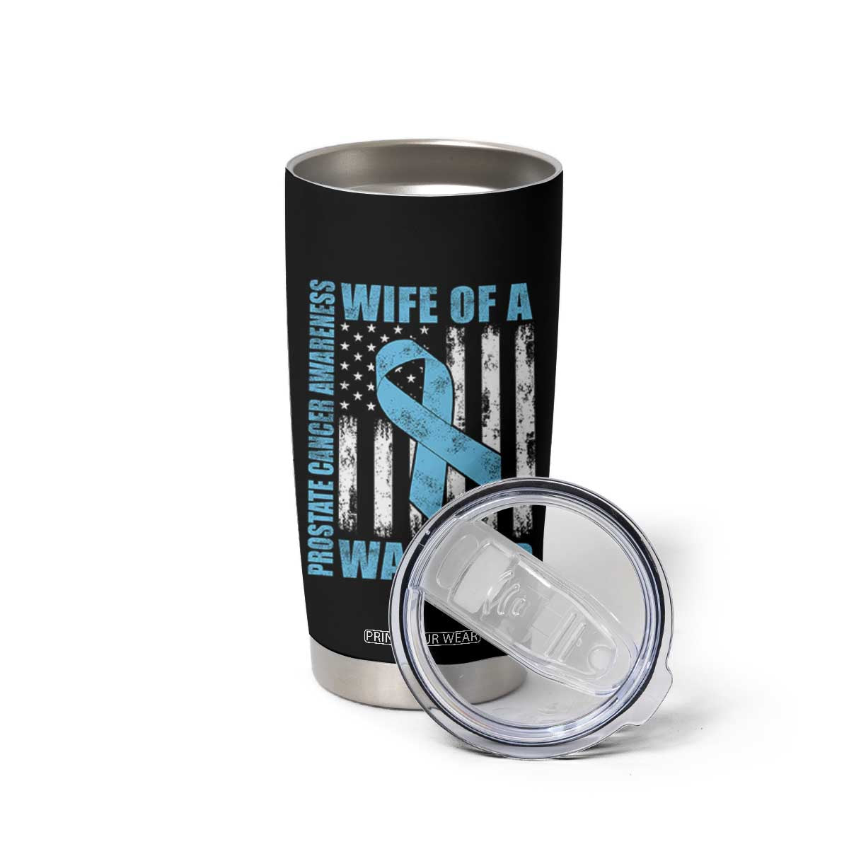 Wife Of A Warrior Prostate Cancer Awareness Tumbler Cup American Flag Blue Ribbon Graphic