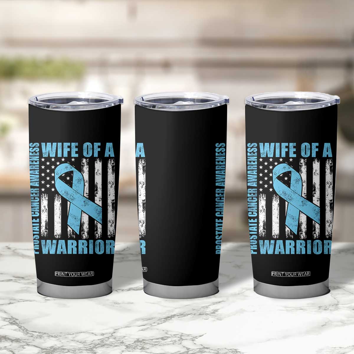 Wife Of A Warrior Prostate Cancer Awareness Tumbler Cup American Flag Blue Ribbon Graphic
