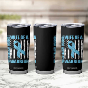 Wife Of A Warrior Prostate Cancer Awareness Tumbler Cup American Flag Blue Ribbon Graphic