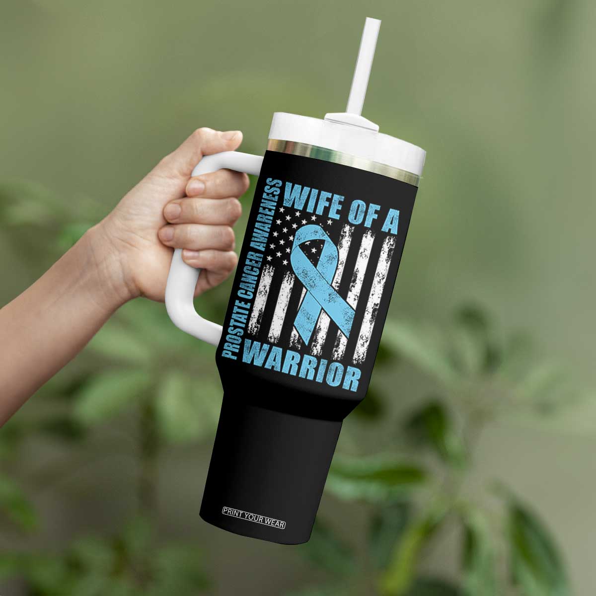 Wife Of A Warrior Prostate Cancer Awareness Tumbler With Handle American Flag Blue Ribbon Graphic