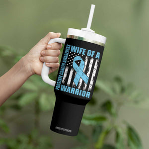 Wife Of A Warrior Prostate Cancer Awareness Tumbler With Handle American Flag Blue Ribbon Graphic