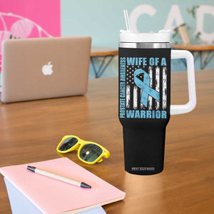 Wife Of A Warrior Prostate Cancer Awareness Tumbler With Handle American Flag Blue Ribbon Graphic