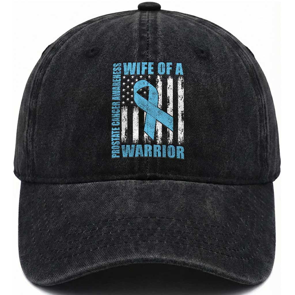 Wife Of A Warrior Prostate Cancer Awareness Washed Cotton Baseball Cap American Flag Blue Ribbon Graphic