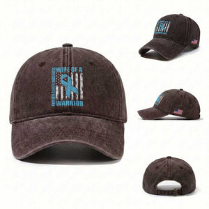 Wife Of A Warrior Prostate Cancer Awareness Washed Cotton Baseball Cap American Flag Blue Ribbon Graphic