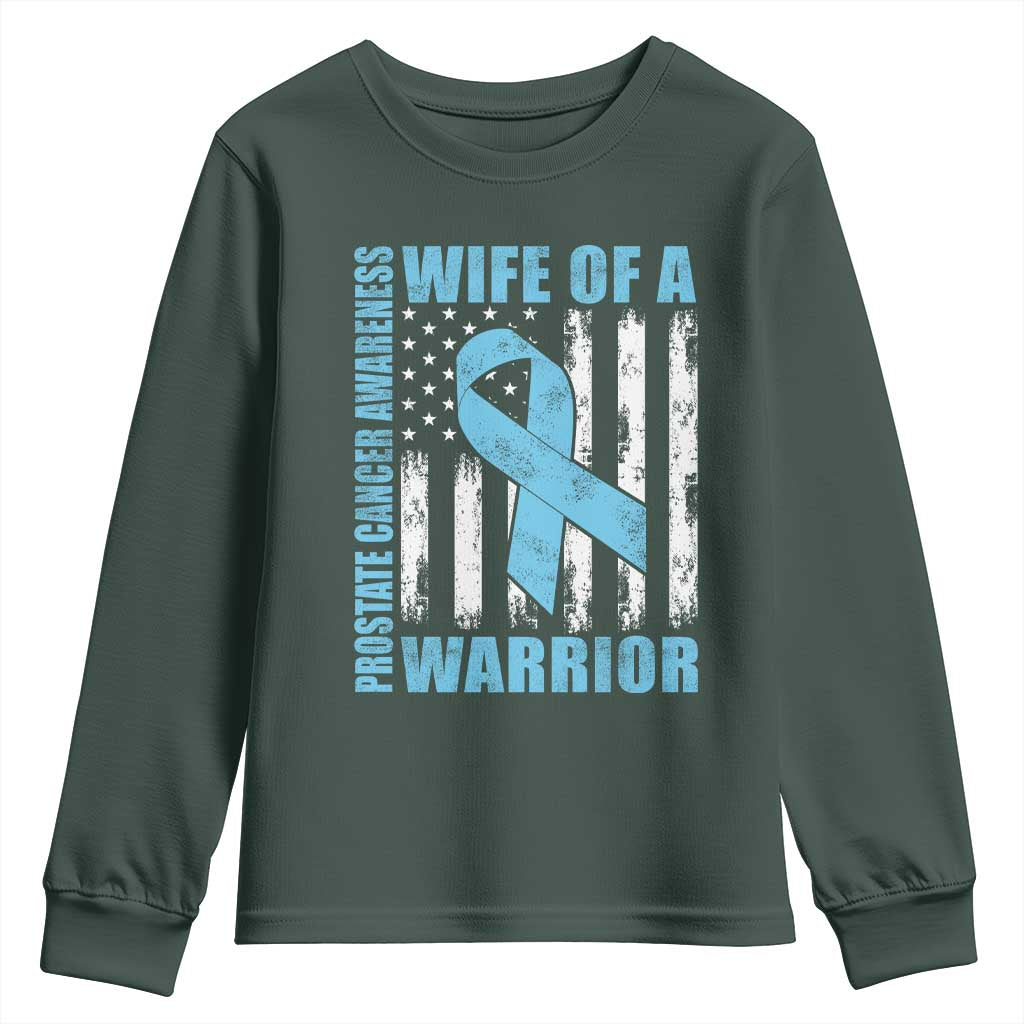 Wife Of A Warrior Prostate Cancer Awareness Youth Sweatshirt American Flag Blue Ribbon Graphic