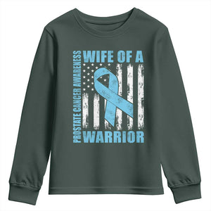 Wife Of A Warrior Prostate Cancer Awareness Youth Sweatshirt American Flag Blue Ribbon Graphic