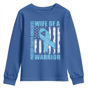 Wife Of A Warrior Prostate Cancer Awareness Youth Sweatshirt American Flag Blue Ribbon Graphic