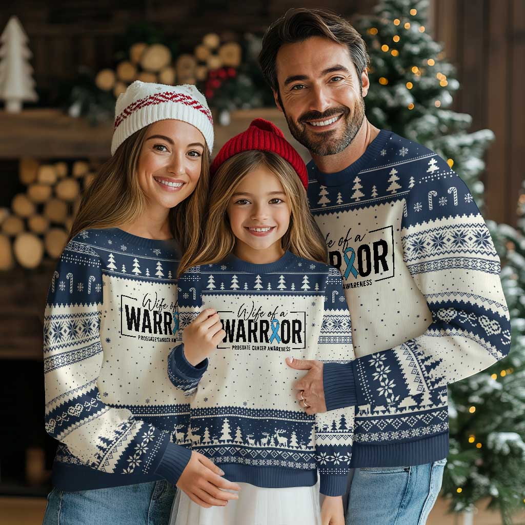 Wife Of A Warrior Prostate Cancer Awareness Ugly Christmas Sweater Blue Ribbon Graphic