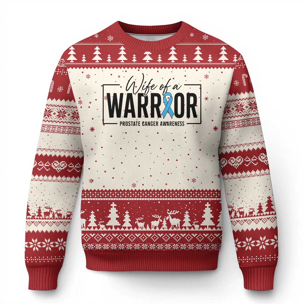 Wife Of A Warrior Prostate Cancer Awareness Ugly Christmas Sweater Blue Ribbon Graphic TS10 Beige Red Print Your Wear
