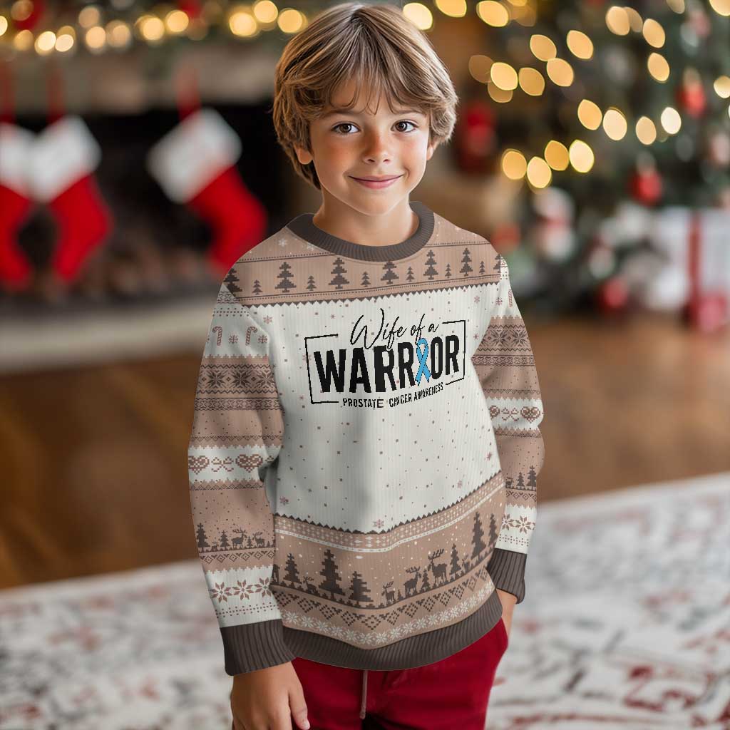 Wife Of A Warrior Prostate Cancer Awareness Ugly Christmas Sweater Blue Ribbon Graphic