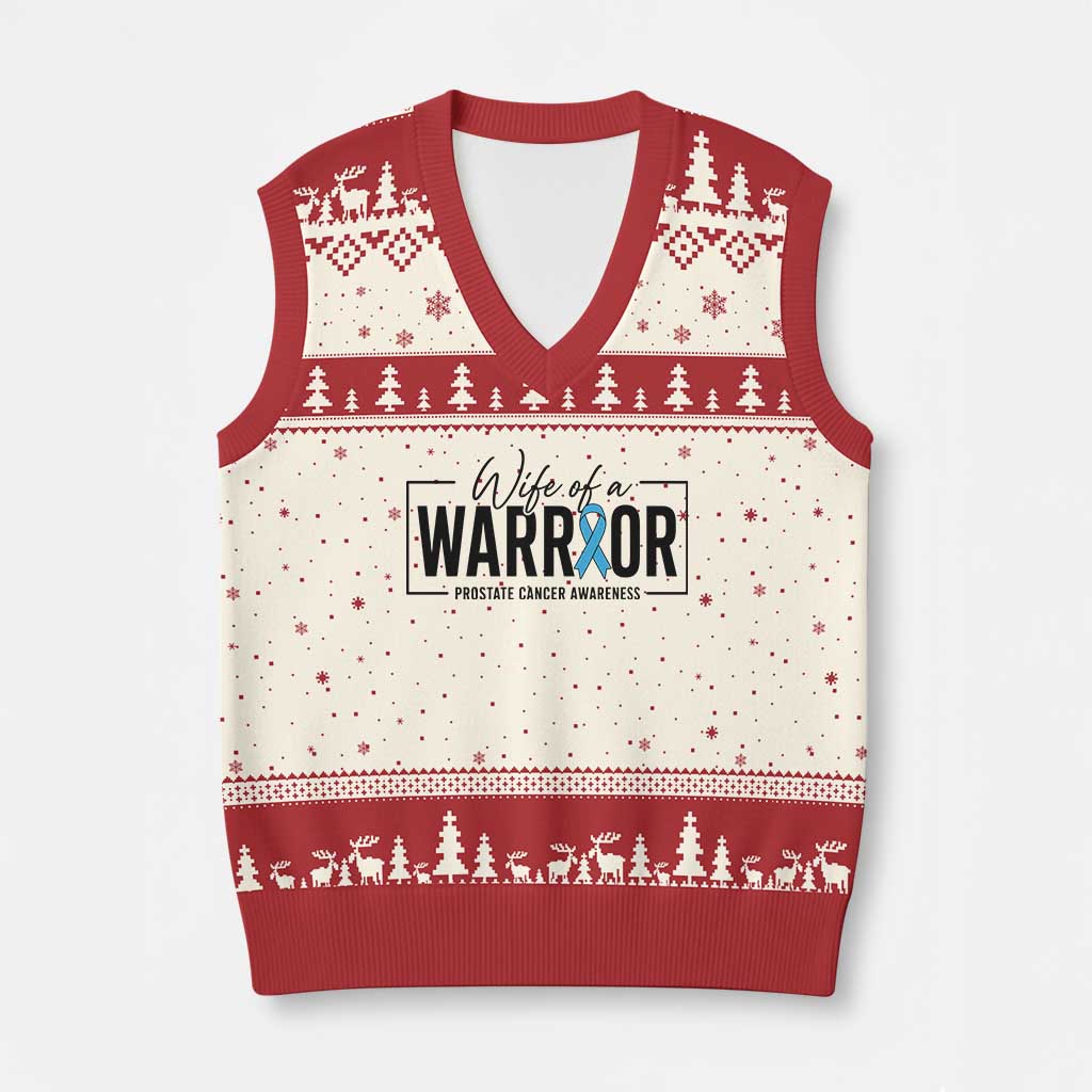 Wife Of A Warrior Prostate Cancer Awareness V-Neck Knit Sweater Vest Blue Ribbon Graphic