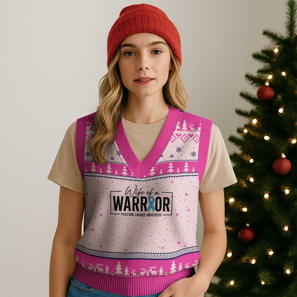 Wife Of A Warrior Prostate Cancer Awareness V-Neck Knit Sweater Vest Blue Ribbon Graphic