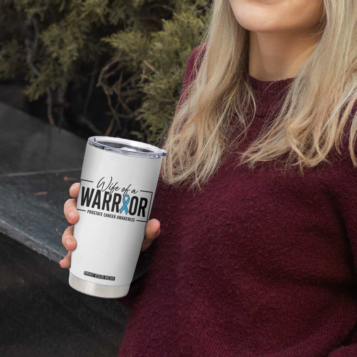 Wife Of A Warrior Prostate Cancer Awareness Tumbler Cup Blue Ribbon Graphic