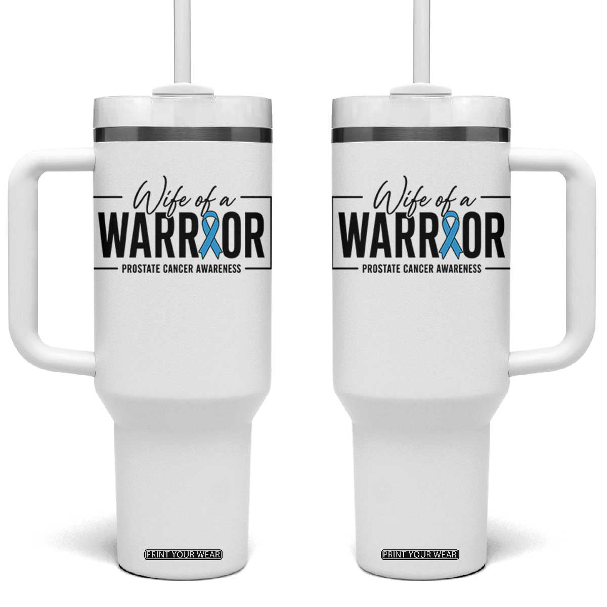 Wife Of A Warrior Prostate Cancer Awareness Tumbler With Handle Blue Ribbon Graphic