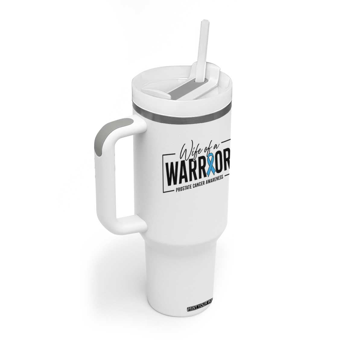 Wife Of A Warrior Prostate Cancer Awareness Tumbler With Handle Blue Ribbon Graphic